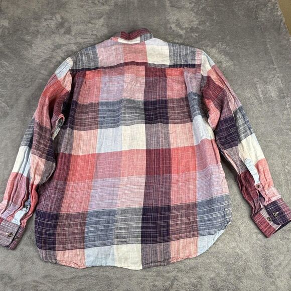 Paul Fredrick Linen Shirt Mens Medium Red Blue Plaid Button Down Long Sleeve - Picture 7 of 8